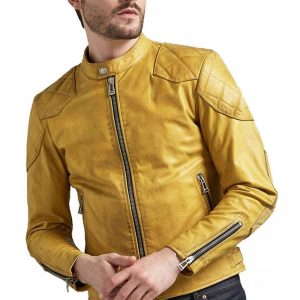 Mens Yellow Café Racer Leather Jacket